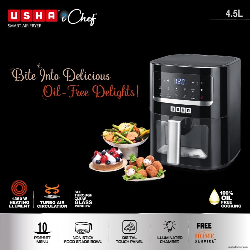 USHA Ichef Smart Air Fryer 4.5L,10 In 1 Functions10 Preset Menu|Digital Display&Touch Panel