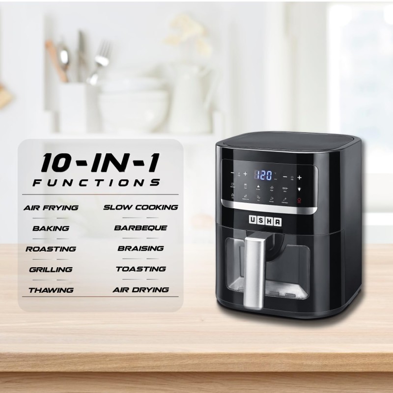 USHA Ichef Smart Air Fryer 4.5L,10 In 1 Functions10 Preset Menu|Digital Display&Touch Panel
