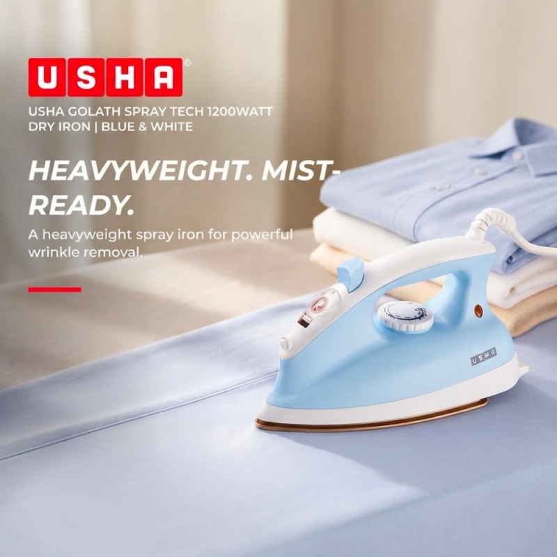 Usha Goliath Spray Tech 1200Watt Dry Iron with Water Spray Feature | Double Coated Golden Non Stick Soleplate for Longer Durability (Blue & White)