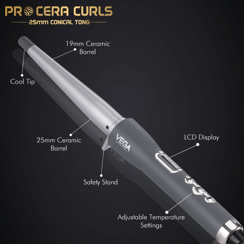 VEGA PROFESSIONAL Pro Cera Curls 19-25mm Conical Hair Curler for Women, Ceramic Curling Wand with LED Display