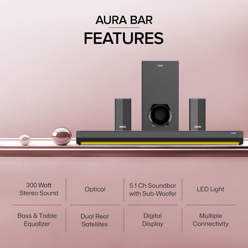VW Aura Bar | 300W Soundbar | 5.1 Channel Home Theatre | 6.5" subwoofer | Multiple Connectivity & Sleek Design (Black)
