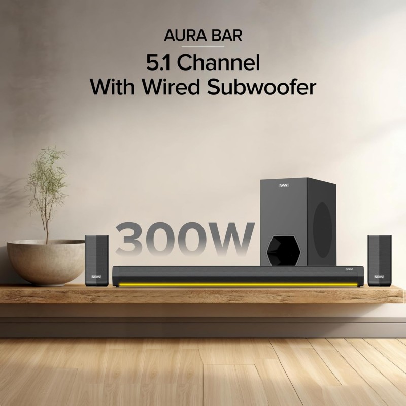 VW Aura Bar | 300W Soundbar | 5.1 Channel Home Theatre | 6.5" subwoofer | Multiple Connectivity & Sleek Design (Black)