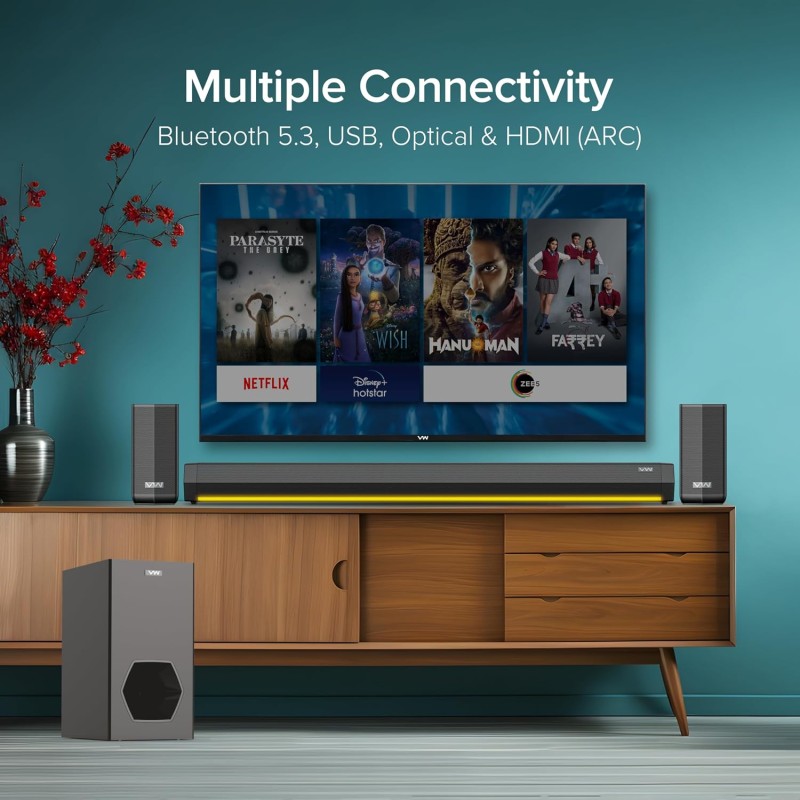 VW Aura Bar | 300W Soundbar | 5.1 Channel Home Theatre | 6.5" subwoofer | Multiple Connectivity & Sleek Design (Black)