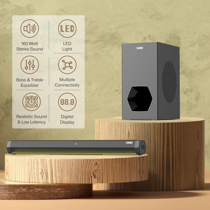 VW Hunter Bar | 160W Soundbar | 2.1 Channel Home Theatre | Deep Bass from 6.5” Subwoofer | Multiple Connectivity (Black)
