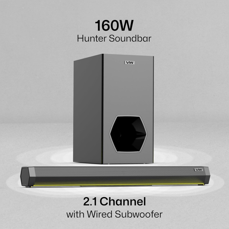 VW Hunter Bar | 160W Soundbar | 2.1 Channel Home Theatre | Deep Bass from 6.5” Subwoofer | Multiple Connectivity (Black)