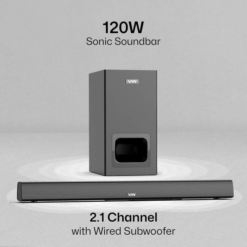 VW Sonic Bar | 120W Soundbar | 2.1 Channel Home Theatre | 5.25” Wired Subwoofer | Multiple Connectivity & Sleek Design (Black)