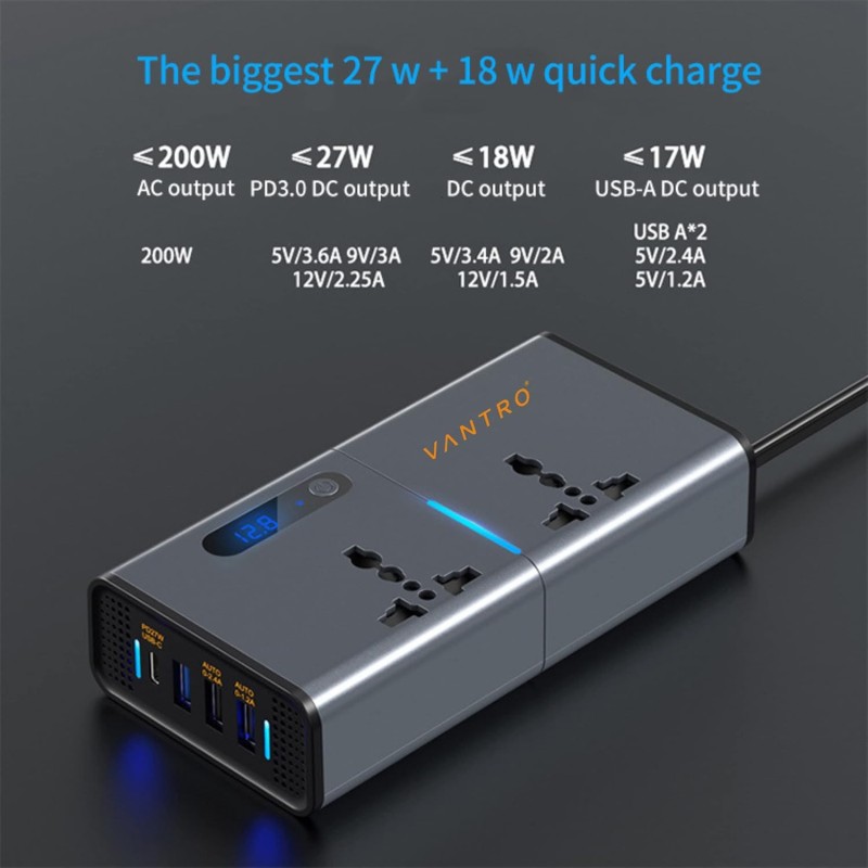 Vantro 200W Car Power Inverter/Laptop Charger with 3 USB (6.2A Max) & 1 C Type(1 * 27WPD) Smart USB Ports, 2 AC Universal