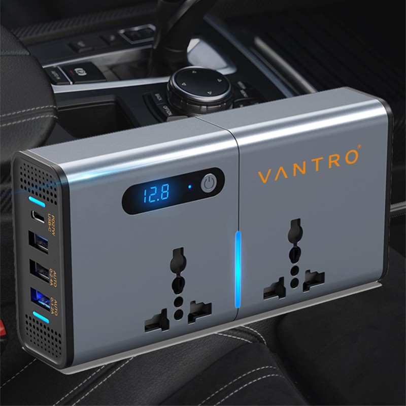 Vantro 200W Car Power Inverter/Laptop Charger with 3 USB (6.2A Max) & 1 C Type(1 * 27WPD) Smart USB Ports, 2 AC Universal