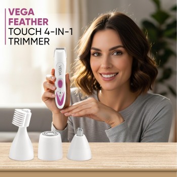 Vega Feather Touch 4-In-1 Trimmer Face & Body Hair Trimmer | 60 Min Runtime | Ladies Eyebrow & Bikini Hair Removal Trimmer | Rechargeable Cordless Hair Removal Machine for Women, (VHBT-03)