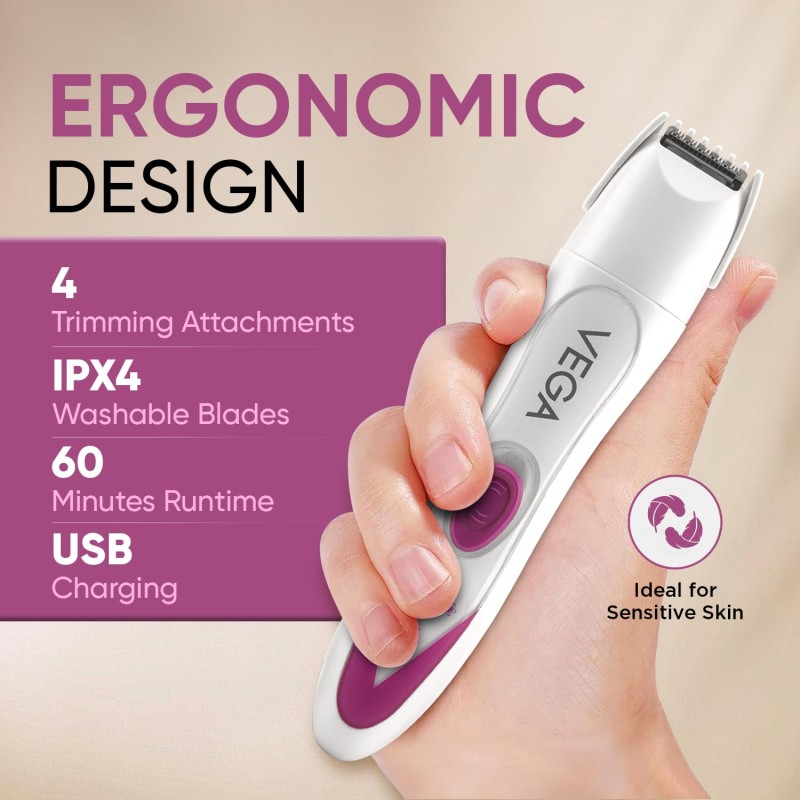 Vega Feather Touch 4-In-1 Trimmer Face & Body Hair Trimmer | 60 Min Runtime | Ladies Eyebrow & Bikini Hair Removal Trimmer | Rechargeable Cordless Hair Removal Machine for Women, (VHBT-03)