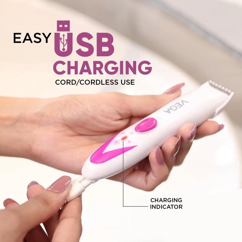 Vega Feather Touch 4-In-1 Trimmer Face & Body Hair Trimmer | 60 Min Runtime | Ladies Eyebrow & Bikini Hair Removal Trimmer | Rechargeable Cordless Hair Removal Machine for Women, (VHBT-03)