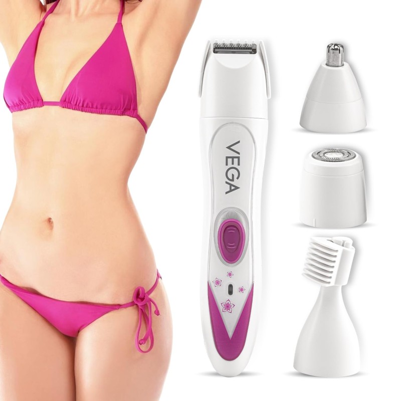 Vega Feather Touch 4-In-1 Trimmer Face & Body Hair Trimmer | 60 Min Runtime | Ladies Eyebrow & Bikini Hair Removal Trimmer | Rechargeable Cordless Hair Removal Machine for Women, (VHBT-03)