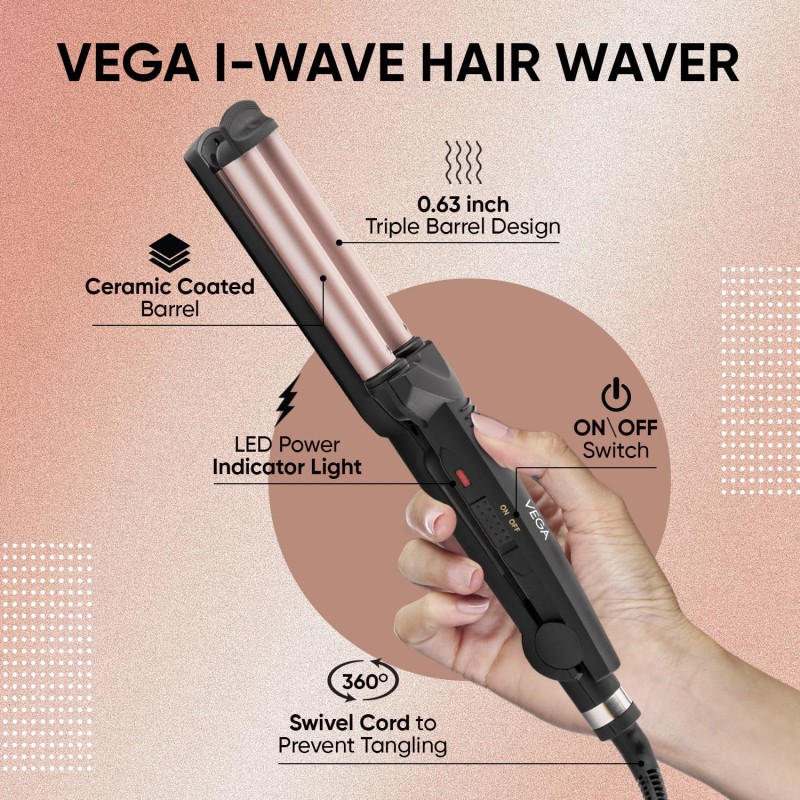 Vega I-Wave Hair Waver for Women with Ceramic Coated Barrel, Soft & Deep Wave Hair Curls, Black, (VHWR-01)