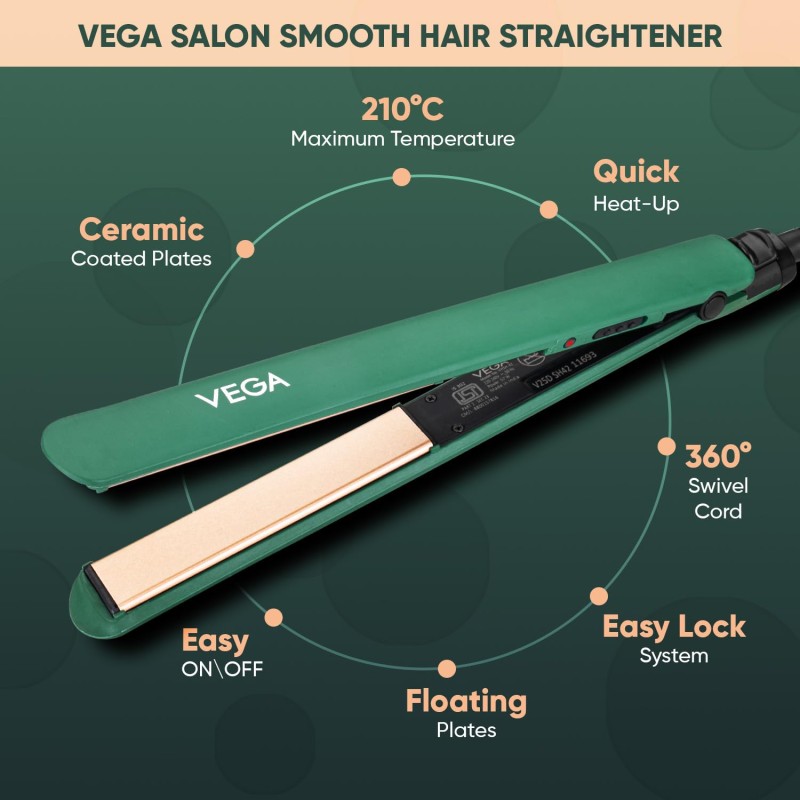Vega Salon Smooth Hair Straightener for Women with Ceramic Coated Plates, Quick Heatup & Travel Friendly, Travel Lock, Suitable for All Hair Types, 1 Year Warranty, Green (VHSH-42)