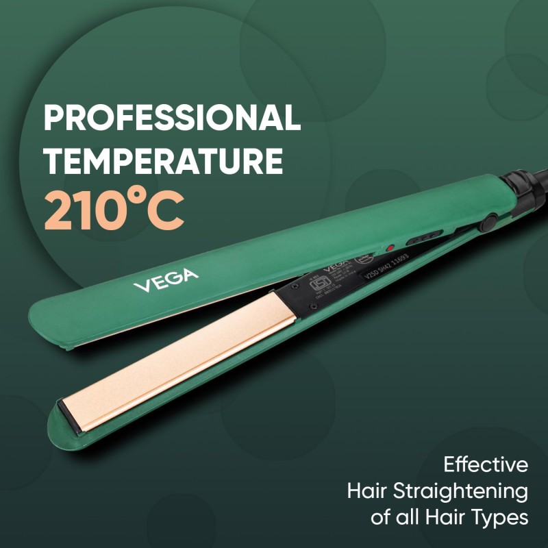 Vega Salon Smooth Hair Straightener for Women with Ceramic Coated Plates, Quick Heatup & Travel Friendly, Travel Lock, Suitable for All Hair Types, 1 Year Warranty, Green (VHSH-42)