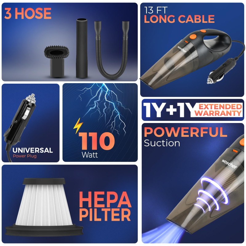 WOSCHER AutoVac Portable Car Vacuum Cleaner |110W | 5000PA Suction Power | Powerful Handheld Vacuums for Deep Cleaning Black