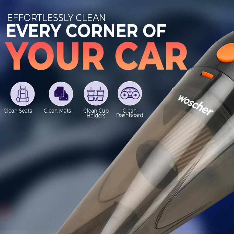 WOSCHER AutoVac Portable Car Vacuum Cleaner |110W | 5000PA Suction Power | Powerful Handheld Vacuums for Deep Cleaning Black