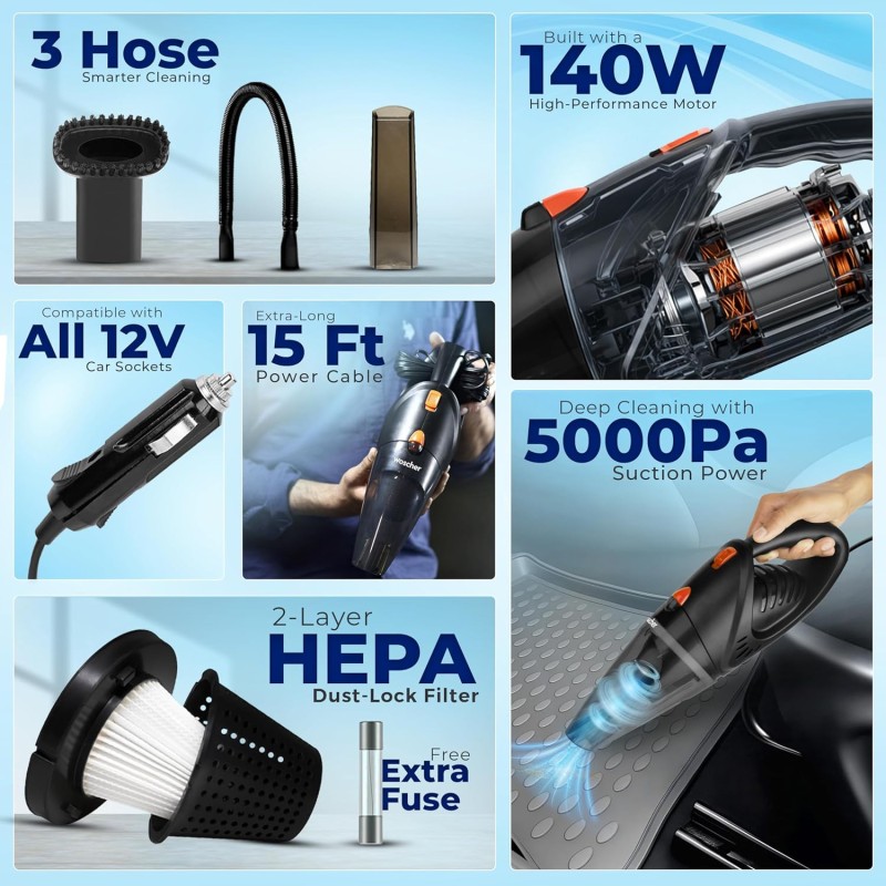 WOSCHER AutoVac Pro High Power Auto Car Vacuum Cleaner for Deep Cleaning, Hand Held Portable Car Vacuum Black
