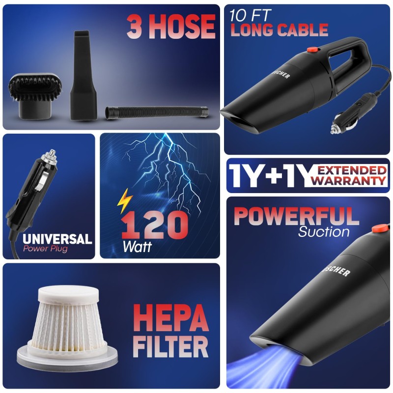 WOSCHER Prime Car Vacuum Cleaner 12V High Power 120W Handheld Portable Car Vacuum for Deep Cleaning (Black)