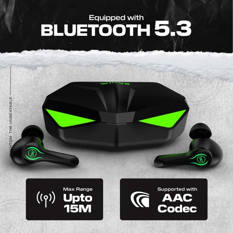 Wings Phantom Truly Wireless in Ear Earbuds with LED Battery Indiacator 50ms Low Latency 40Hrs Playtime, MEMS with Mic.