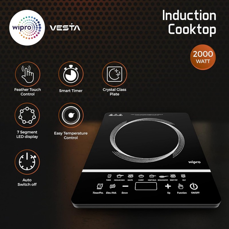 Wipro 2000 watt Induction Cooktop Sensor Feather Touch (Black) with Crystal Glass Plate |Manual