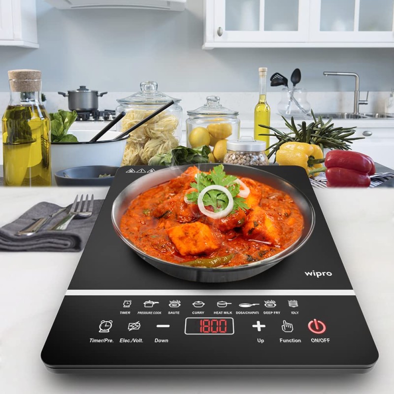 Wipro 2000 watt Induction Cooktop Sensor Feather Touch (Black) with Crystal Glass Plate |Manual
