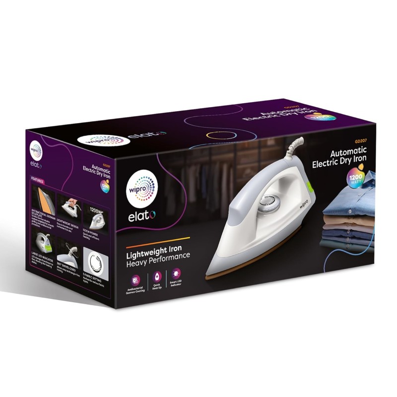 Wipro GD207Automatic Electric Dry Iron 1200 Watt With Large LED Indicator | Large Soleplate|Anti Bacterial German Weilburger