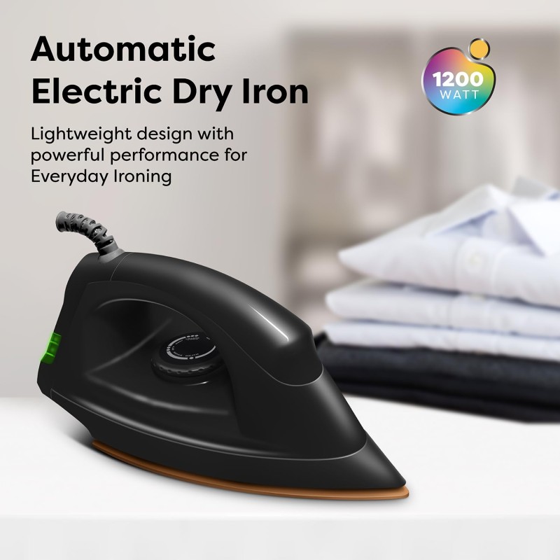 Wipro GD208 Automatic Electric Dry Iron 1200 Watt With Large LED Indicator | Large Soleplate Quick Heat Up - 1200 Watts, Black