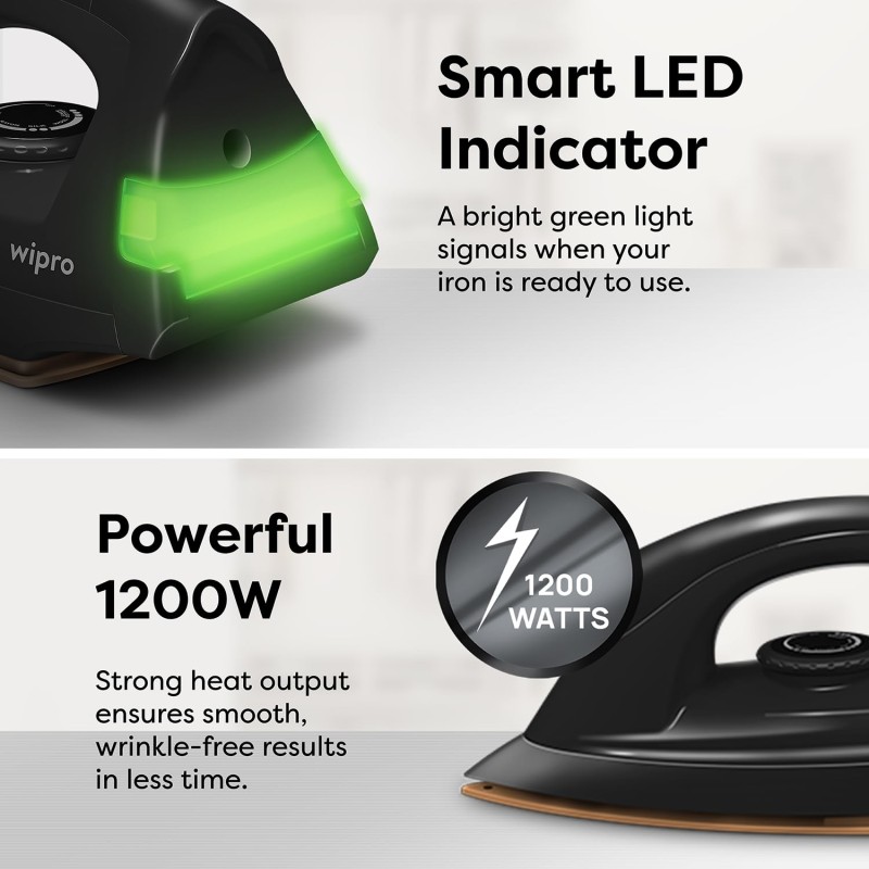 Wipro GD208 Automatic Electric Dry Iron 1200 Watt With Large LED Indicator | Large Soleplate Quick Heat Up - 1200 Watts, Black
