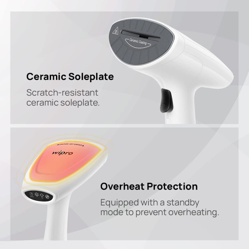 Wipro GST203 1380 Watt Handheld Garment Steamer, 2 Mode Steam Rate Control,Ceramic Soleplate,Vertical Steaming White