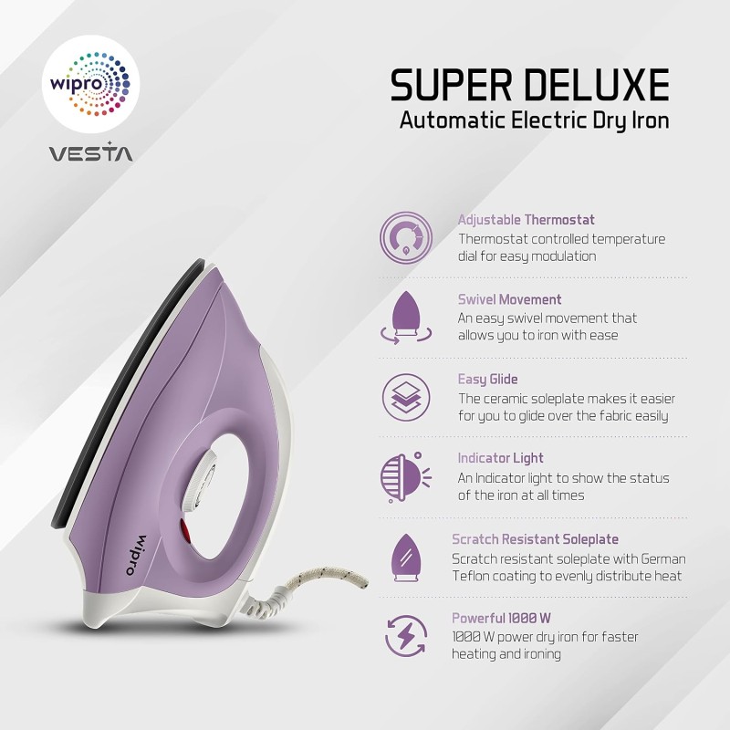 Wipro Gd205 Super Deluxe 1000 Watt Automatic Electric Dry Iron | Large Soleplate|Anti Bacterial German Weilburger