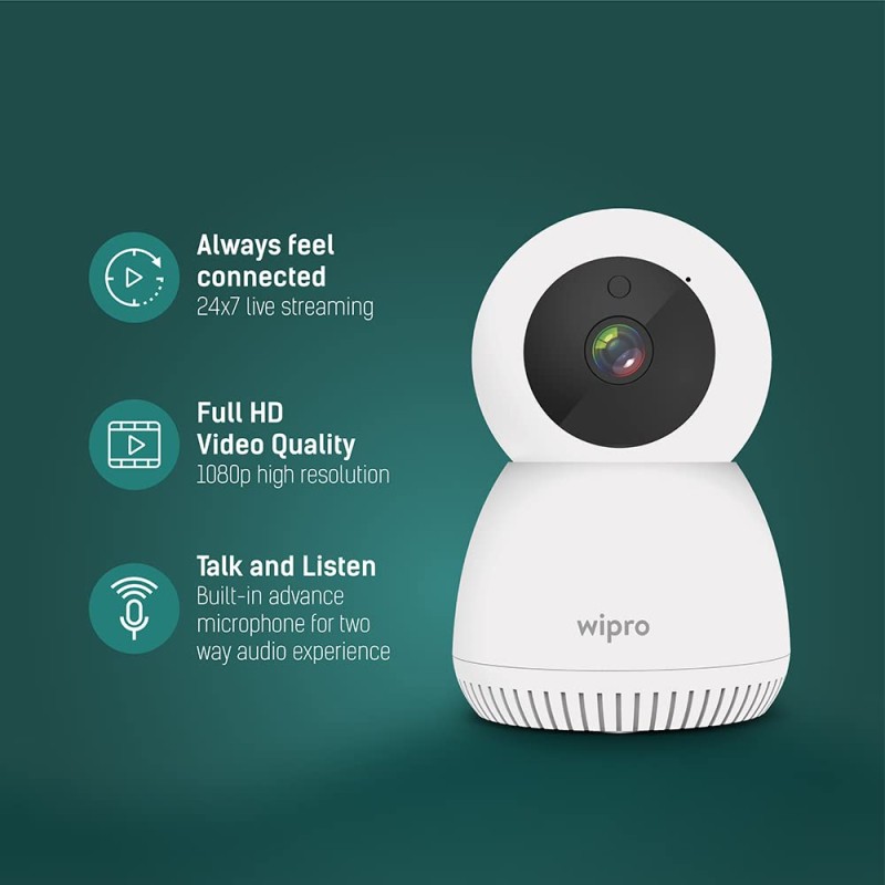 Wipro Smart Camera 1080P | Full HD Picture | AI Powered Motion Detection | Infrared Night Vision | 360° Panorama | Talk Back Feature (2-Way Audio)