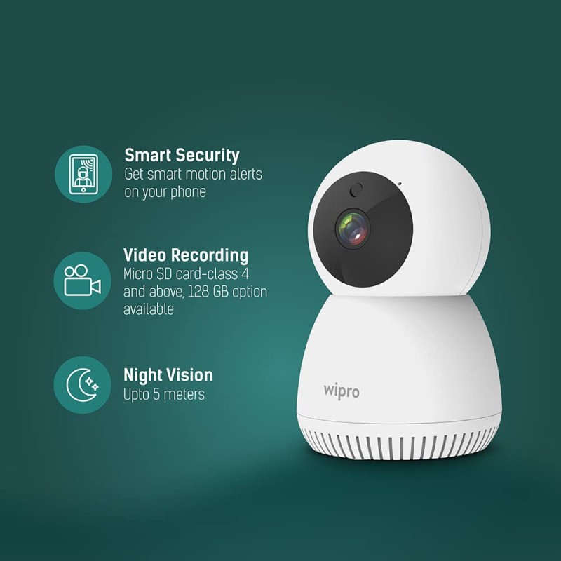 Wipro Smart Camera 1080P | Full HD Picture | AI Powered Motion Detection | Infrared Night Vision | 360° Panorama | Talk Back Feature (2-Way Audio)