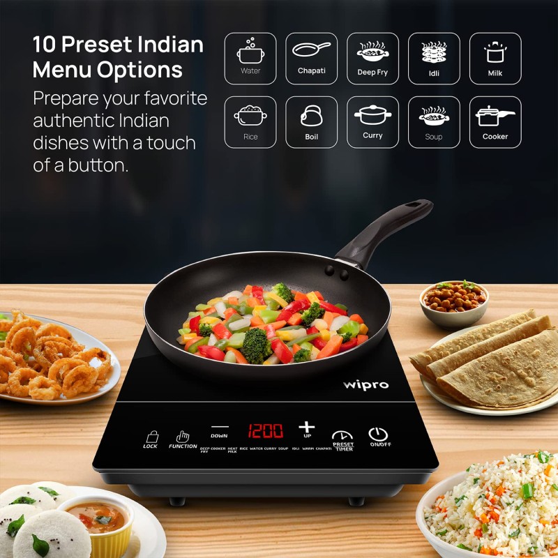 Wipro Vesta CIC202 2000 Watt Induction Cooktop with Feather Sensor and Crystal Glass Plate|10 inbuilt Indianized Pre set menus