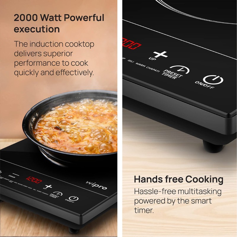 Wipro Vesta CIC202 2000 Watt Induction Cooktop with Feather Sensor and Crystal Glass Plate|10 inbuilt Indianized Pre set menus