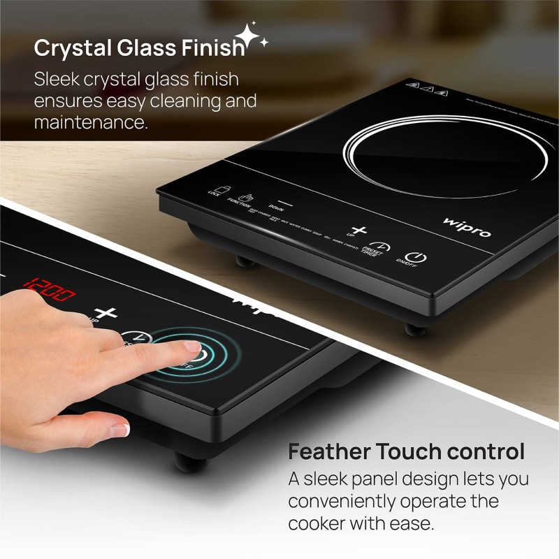 Wipro Vesta CIC202 2000 Watt Induction Cooktop with Feather Sensor and Crystal Glass Plate|10 inbuilt Indianized Pre set menus