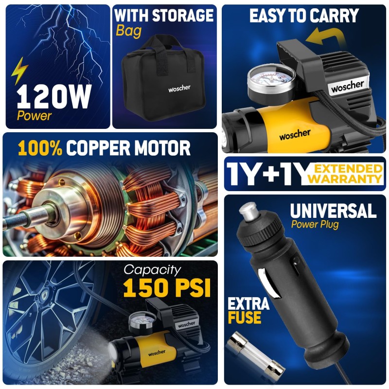 Woscher 100% Copper Motor Tyre Inflator for Car Air Pump for Car Tyres| 12V DC Superfast Inflation 150 psi | Strong Metal Body with Emergency LED Light,Heavy Duty Zipper Bag | 2 Yrs Warranty (678)