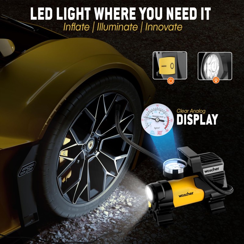 Woscher 100% Copper Motor Tyre Inflator for Car Air Pump for Car Tyres| 12V DC Superfast Inflation 150 psi | Strong Metal Body with Emergency LED Light,Heavy Duty Zipper Bag | 2 Yrs Warranty (678)