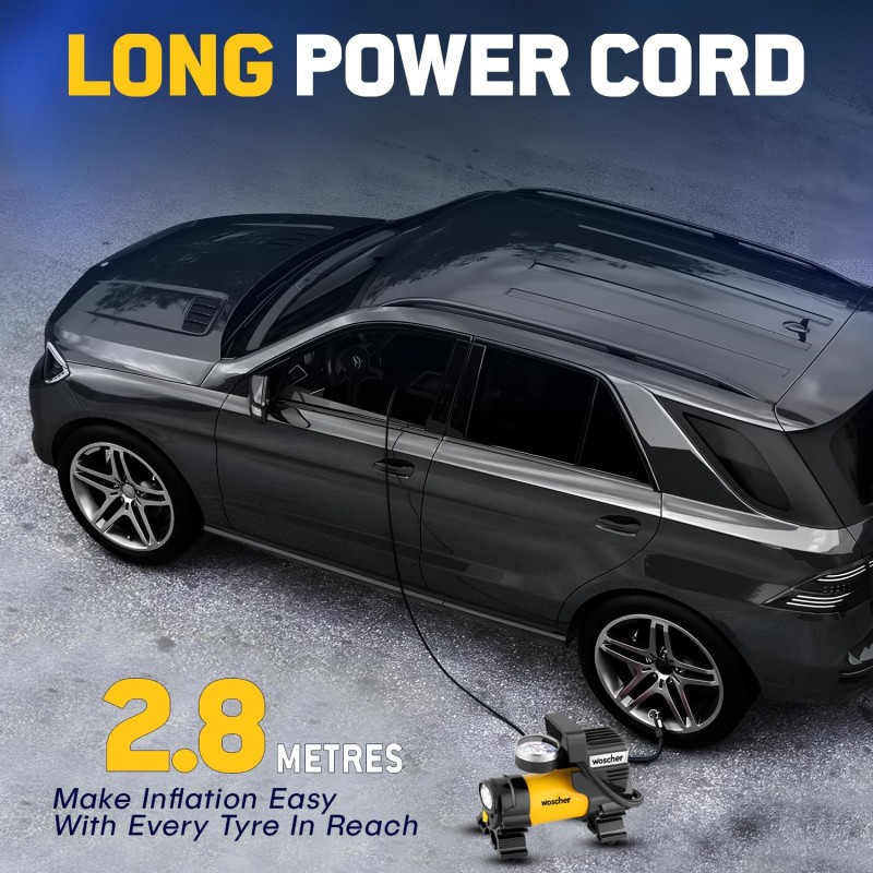 Woscher 100% Copper Motor Tyre Inflator for Car Air Pump for Car Tyres| 12V DC Superfast Inflation 150 psi | Strong Metal Body with Emergency LED Light,Heavy Duty Zipper Bag | 2 Yrs Warranty (678)