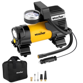 Woscher 100% Copper Motor Tyre Inflator for Car Air Pump for Car Tyres| 12V DC Superfast Inflation 150 psi | Strong Metal Body with Emergency LED Light,Heavy Duty Zipper Bag | 2 Yrs Warranty (678)