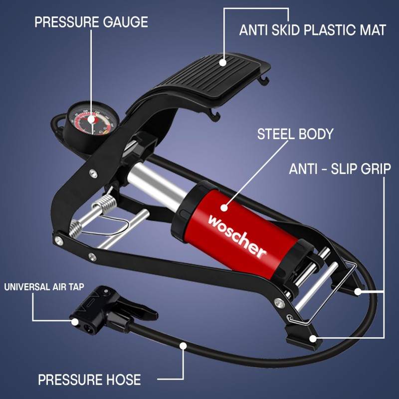 Woscher 8702Z Single Cylinder | Portable Foot Pump | Air Tyre Inflator with Pressure Gauge of 120 Psi / 7 Bar | Foot Air Pump for Car and Bike | Foot Pump for Cycle