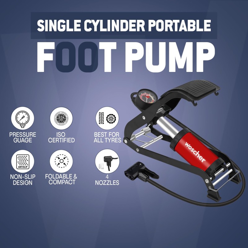 Woscher 8702Z Single Cylinder | Portable Foot Pump | Air Tyre Inflator with Pressure Gauge of 120 Psi / 7 Bar | Foot Air Pump for Car and Bike | Foot Pump for Cycle