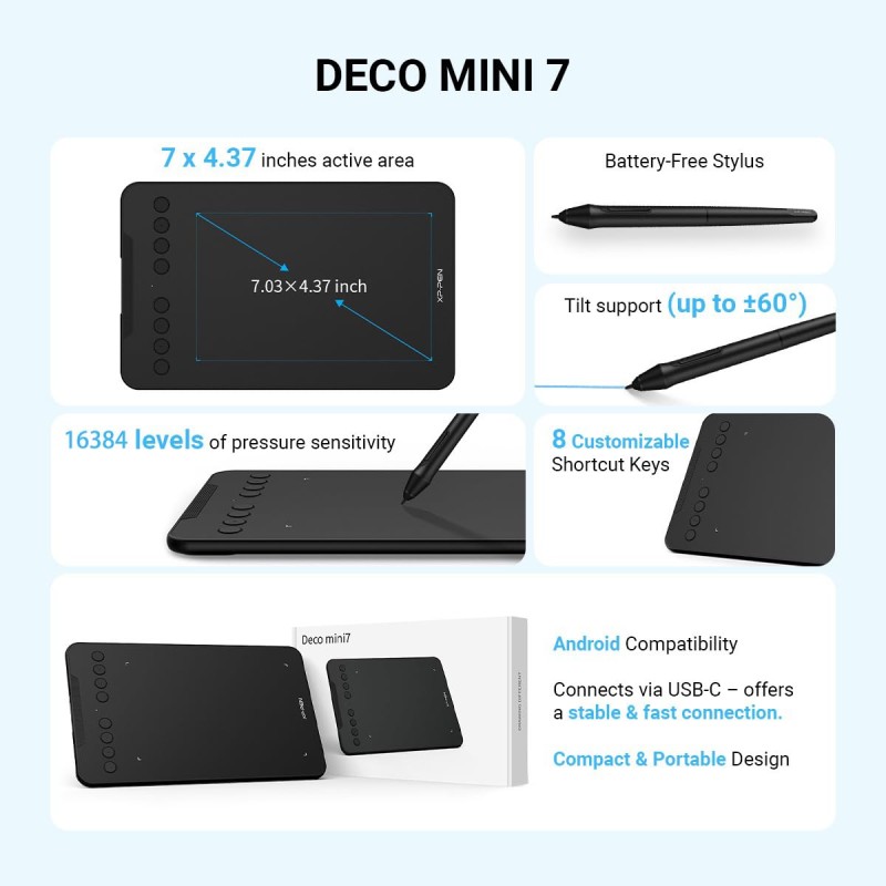 XPPen Updated Deco Mini7 V2 Drawing Tablet-16384 Levels of Pressure Battery-Free Stylus, 7 x 4 OSU Drawing Pad, 8 Hotkeys for Digital Art, Teaching, Gaming Graphic Tablet for Chrome, PC, Mac, Android