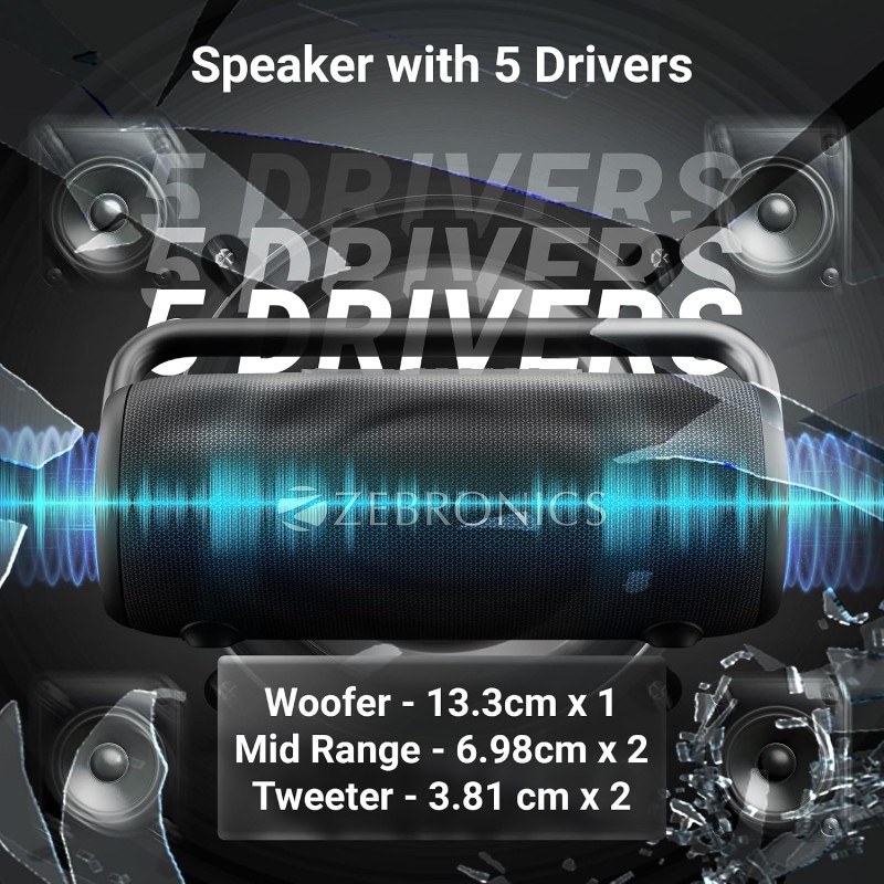 ZEBRONICS AXON 200 Portable Party Bluetooth Speaker, 180W RMS, 5 Drivers + 2 Passive Radiators, Z-Sync Mode, IPX6, Upto 10 Hours Playback