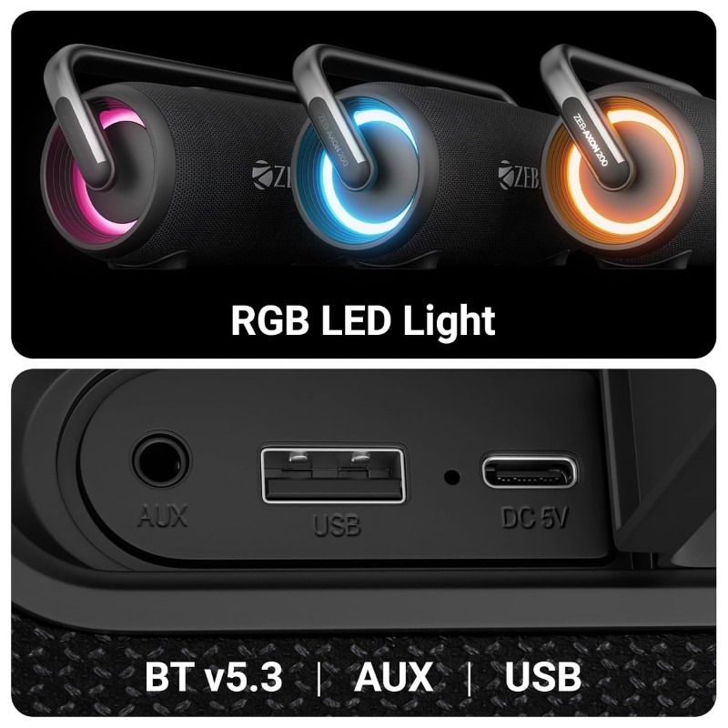 ZEBRONICS AXON 200 Portable Party Bluetooth Speaker, 180W RMS, 5 Drivers + 2 Passive Radiators, Z-Sync Mode, IPX6, Upto 10 Hours Playback