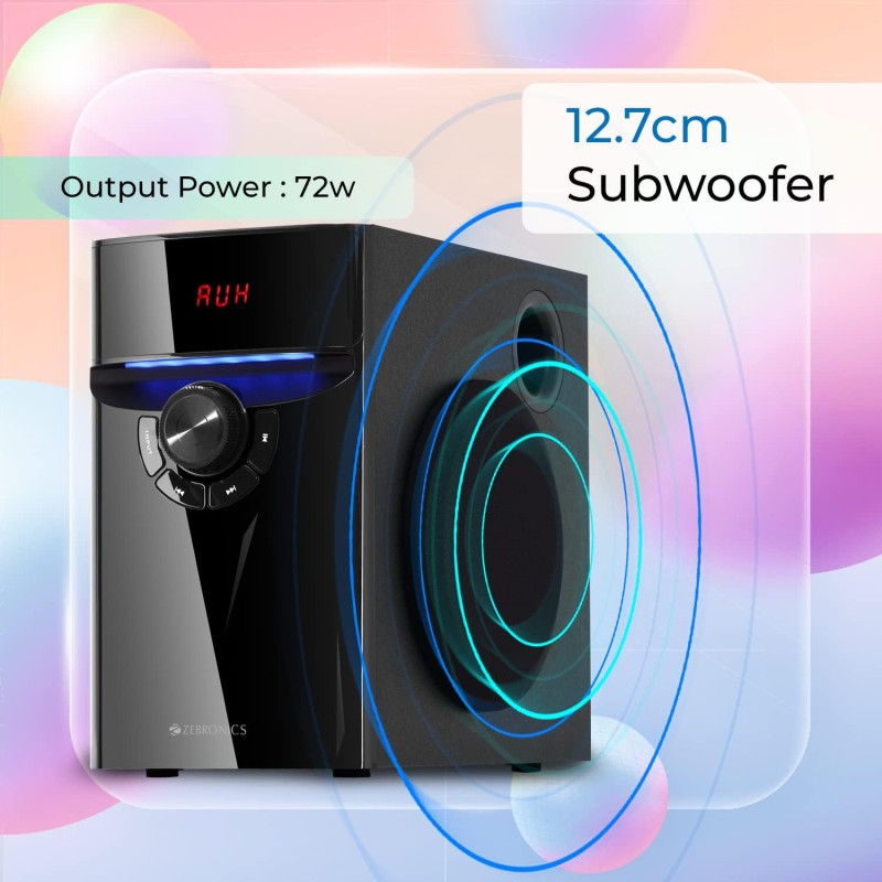ZEBRONICS Bronze 100 72 Watts RMS, 4.1 Speaker with Bluetooth 5.0, LED Display & Lights, Remote Control, USB, SD, AUX Input