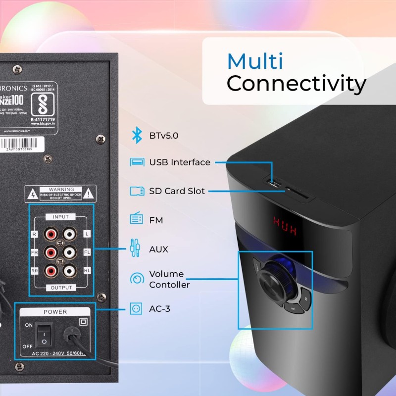 ZEBRONICS Bronze 100 72 Watts RMS, 4.1 Speaker with Bluetooth 5.0, LED Display & Lights, Remote Control, USB, SD, AUX Input