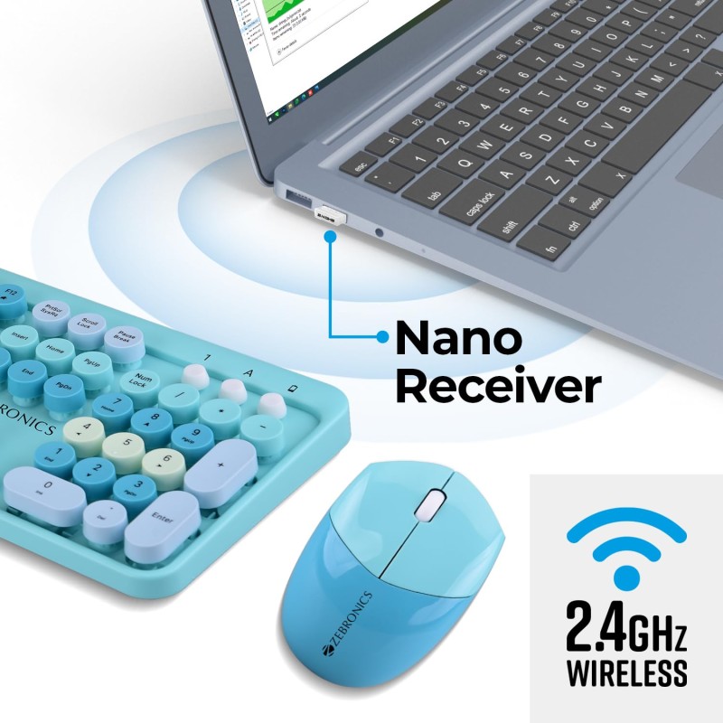 ZEBRONICS Companion 301 2.4GHz Wireless Keyboard & Mouse Combo with UV Printed, Retro Style Keys, 104 + 12 (Aqua Green)