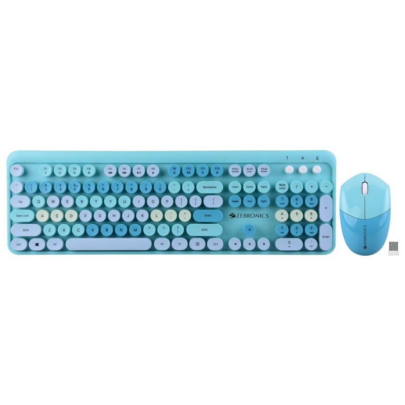 ZEBRONICS Companion 301 2.4GHz Wireless Keyboard & Mouse Combo with UV Printed, Retro Style Keys, 104 + 12 (Aqua Green)