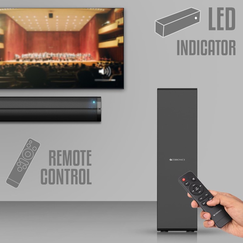 ZEBRONICS Juke BAR 100A Compact Soundbar with Subwoofer, 60W RMS Output, Powerful Bass, Glossy Design